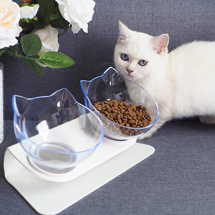 Cat Bowl Double Bowl Oblique Mouth Transparent Double Bowl Neck Non-Ceramic Pet Bowl