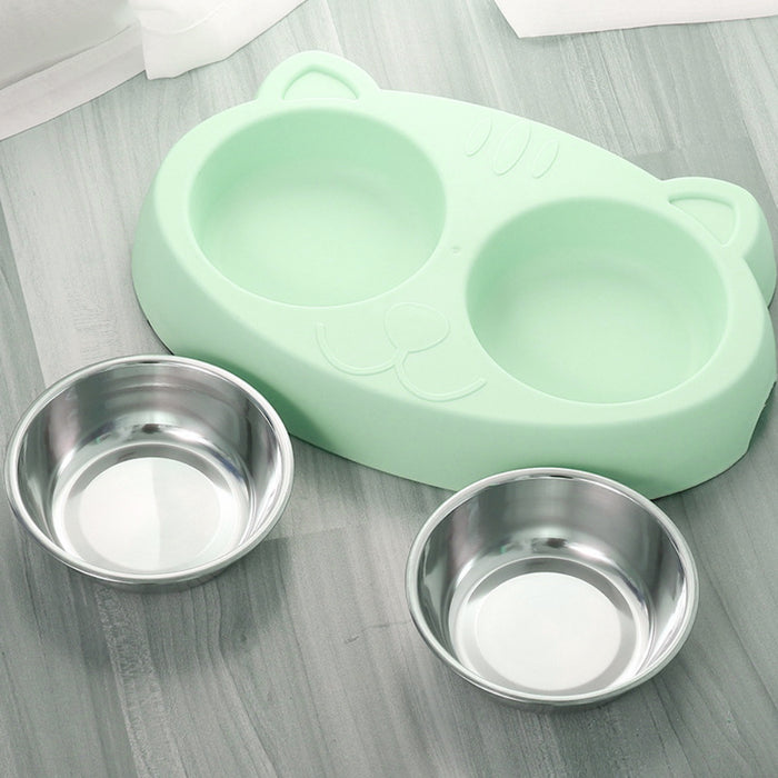 Pet Double Bowls, Stainless Steel Pet Food Bowl Water Bowl With No Spill Plastic Stand, Pet Feeding And Drinking Bowl For Indoor Cats And Dogs